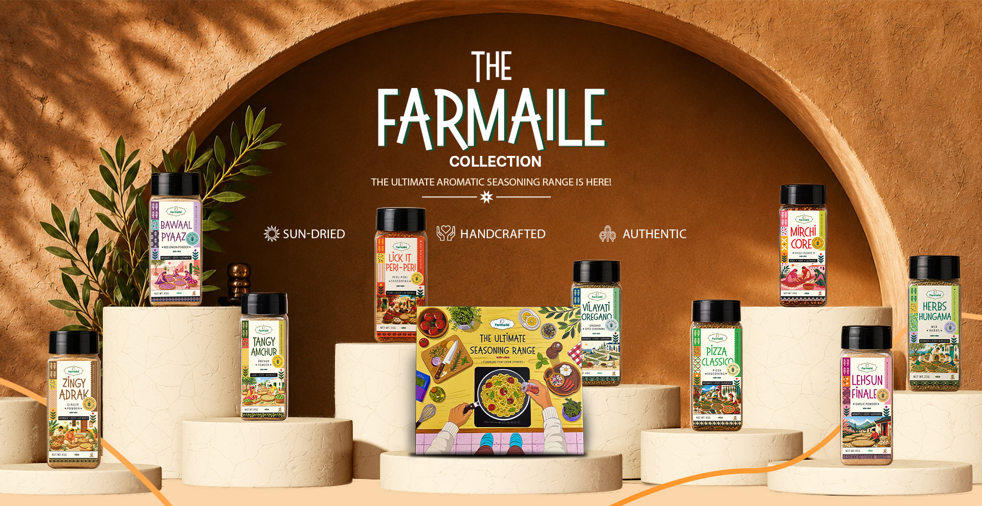 The Farmaile Collection spice and a central box displayed on beige pedestals in front of a warm brown arch backdrop. Multiple spice bottles with colorful labels are arranged around a larger illustrated seasoning box, with decorative leaves on the left and text reading 'THE FARMAILE COLLECTION' above.